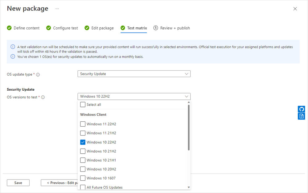 New option to select Windows 10, version 22H2 from the Security Update dropdown