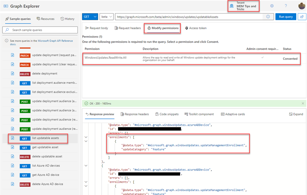 The Microsoft Graph Explorer interface highlights functionalities to get a list of enrolled devices