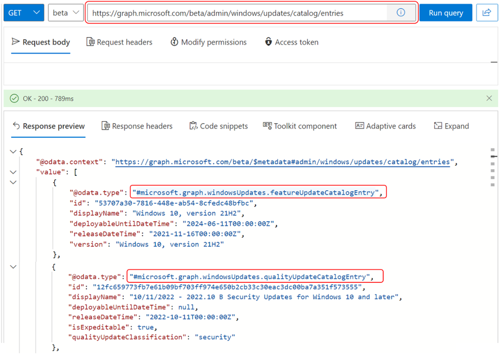 The Microsoft Graph Explorer interface shows a list of deployable updates