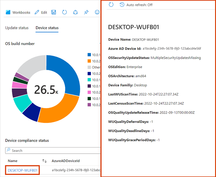 The device status view shows your specific device's configuration, such as the client policies set and the last time the device scanned Windows Update