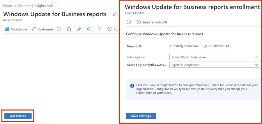 The Windows Update for Business reports enrollment flyout lets you configure your subscription and Log Analytics Workplace