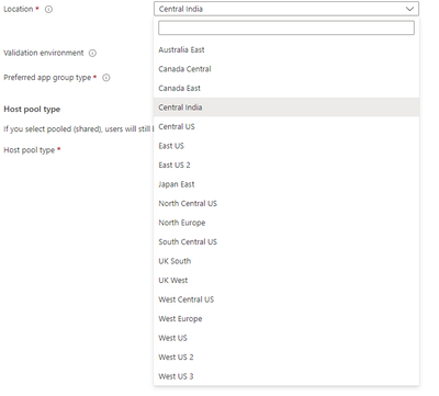New Central India region in Host pool location list
