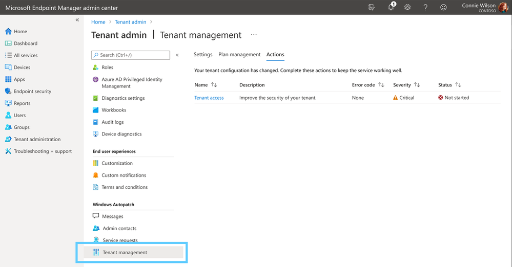Screenshot of where to find tenant management in the Endpoint Manager admin center