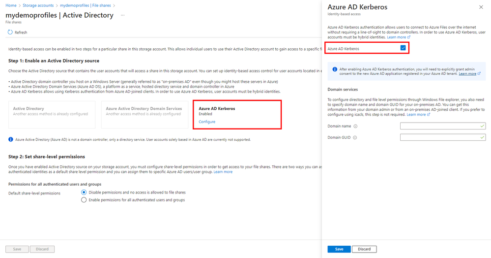 Azure AD Kerberos option for Azure Files in the Azure Portal.
