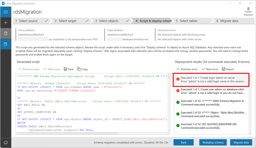 Data Migration Assistant deploy schema error caused by presence of 'admin' login