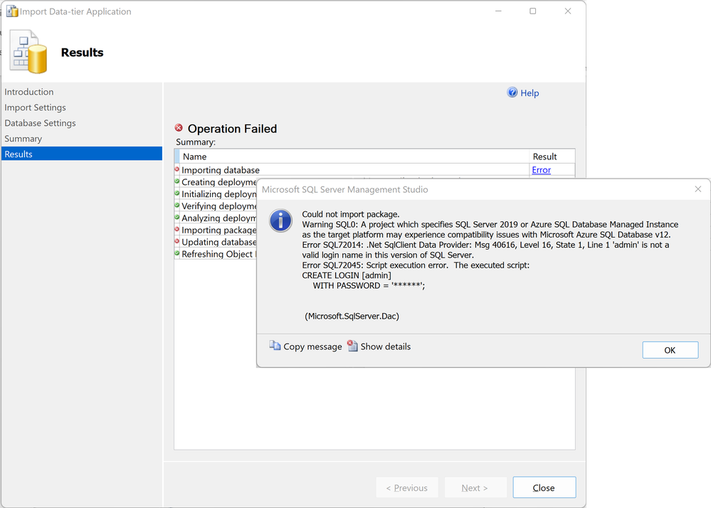 BACPAC Import error caused by presence of 'admin' login