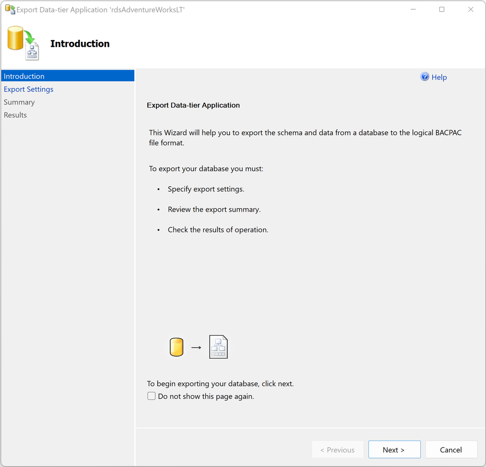 Export Data-tier Application wizard