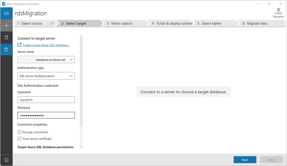 Connect to target server
