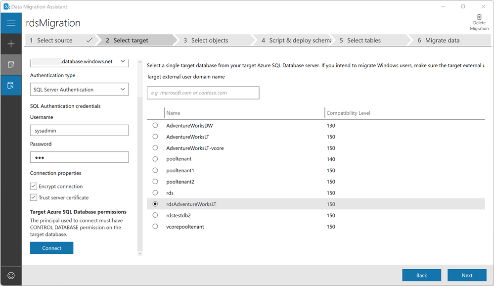 Select target database