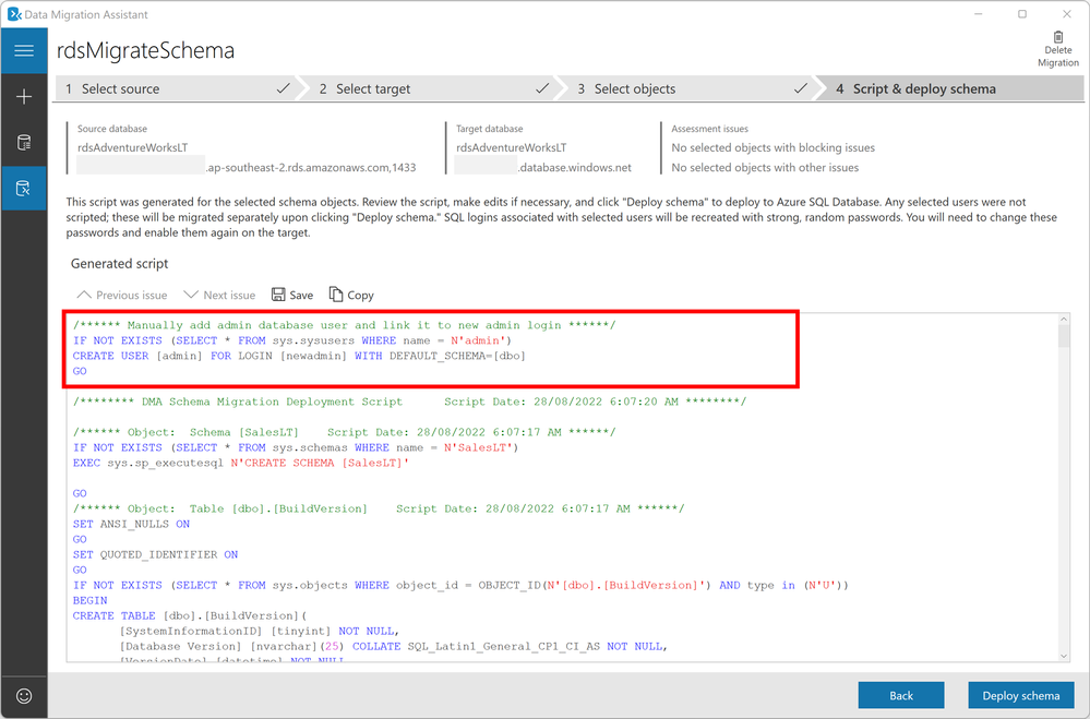 Add the code to create the 'admin' database user