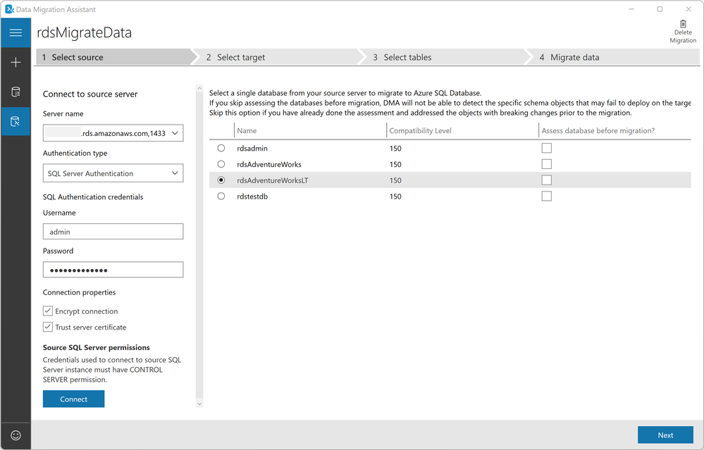 Select source database