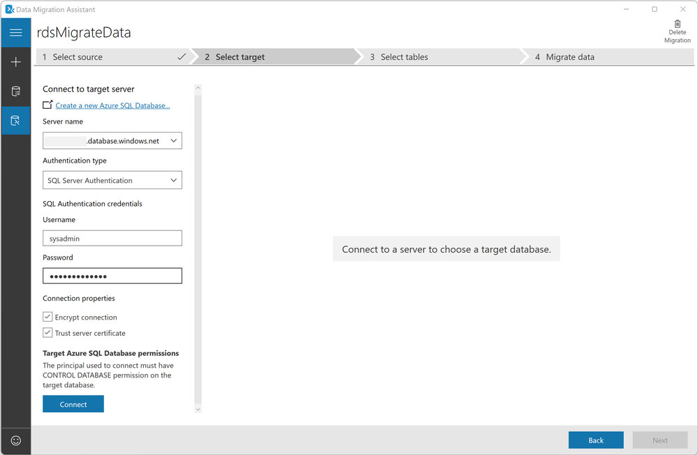 Connect to target server