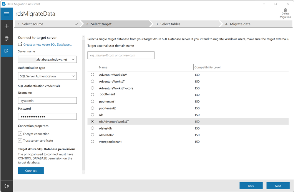 Select destination database