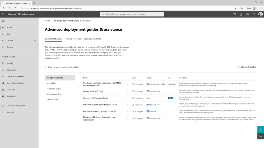 The suggested guides view on the advanced deployment guides & assistance page.