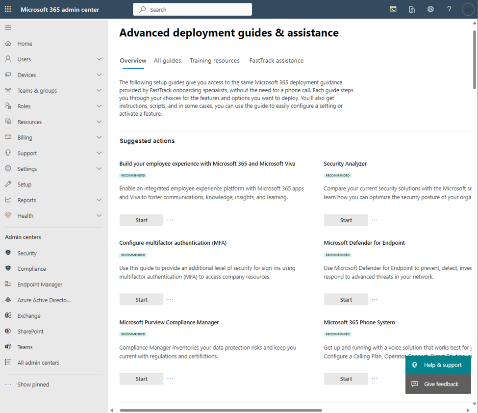 Screenshot of Advanced deployment guides & assistance page from Microsoft 365 tenant