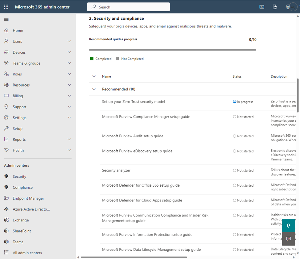 Screenshot of Security and compliance advanced deployment guides from Microsoft 365 tenant