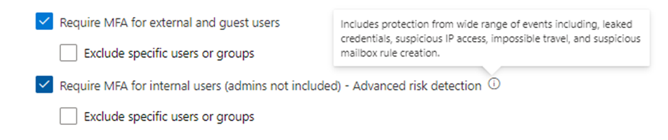 Snippet from Configure Adaptive MFA using Conditional Access page, viewing template tooltips