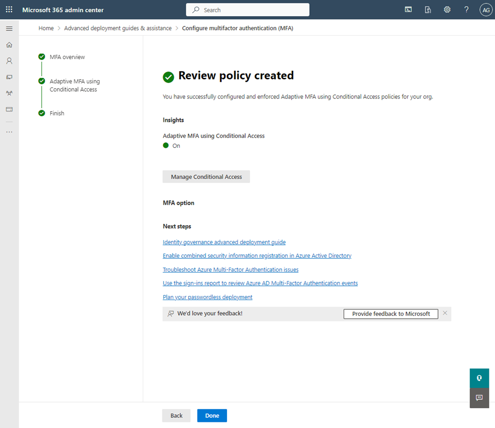 Screenshot from Configure multifactor authentication (MFA) advanced guidance, Review policy created view