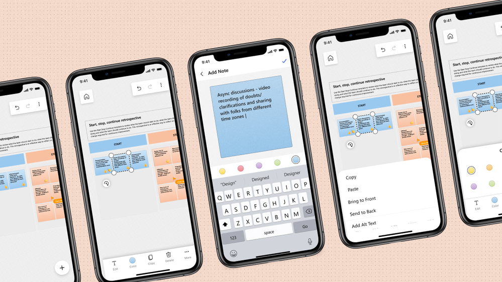 An image demonstrating sticky note controls on the Whiteboard mobile app. The controls in the image include, Edit, Color, Copy, Delete, and More. The More controls include Copy, Paste, Bring to Front, Send to Back, and Add Alt Text.