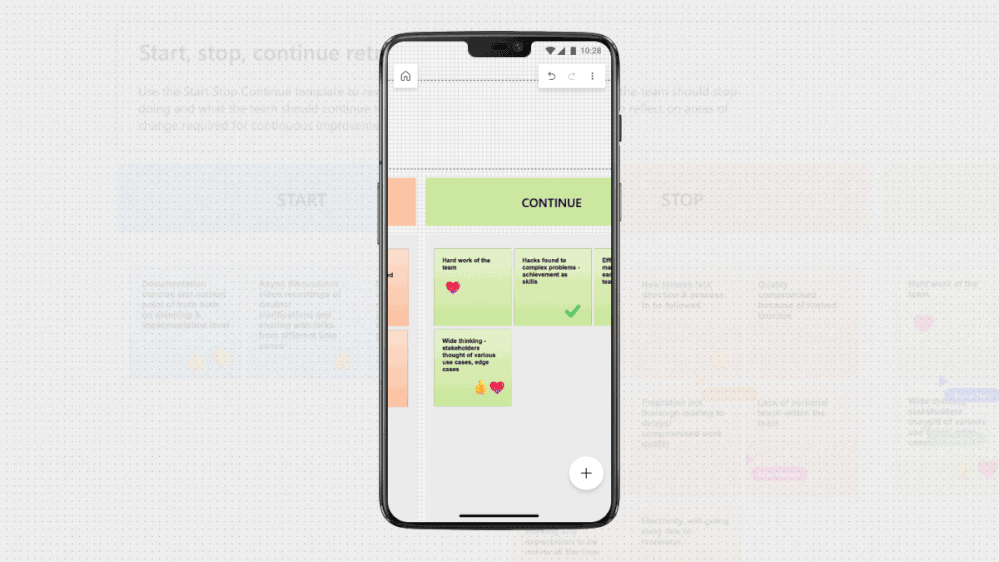 An animated image depicting panning across a whiteboard from the Whiteboard mobile app, and adding reactions on top of sticky notes.