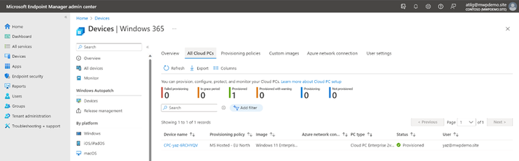 Screenshot from Intune Console - Windows 365 Node, All Cloud PCs View