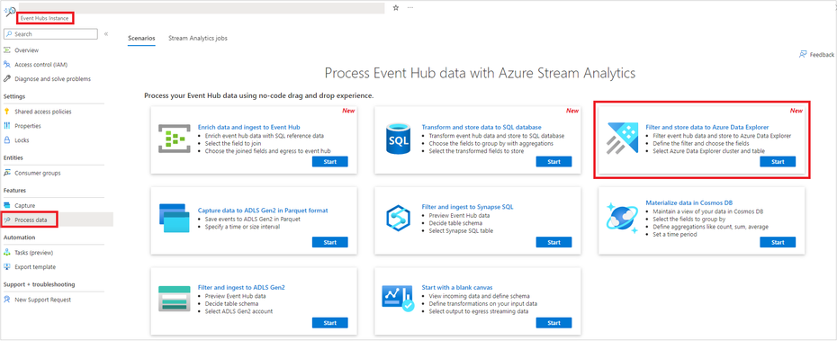 Built-in ASA templates on the Event Hub page