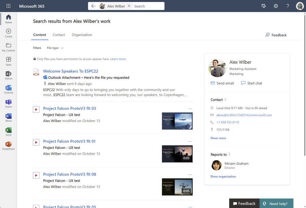 A screenshot of a traditional Outlook attachment in Office.com with Microsoft Search