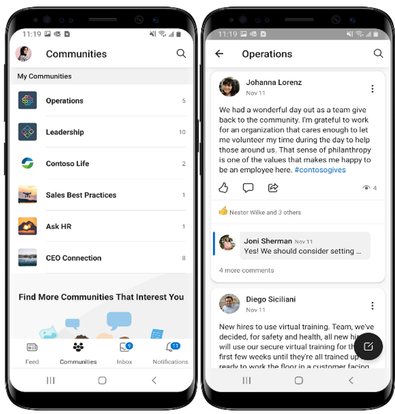Two phones show the user interfaces for Yammer Communities, with the first phone showing the “My Communities” page and the second showing messages inside one of the communities.