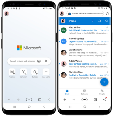 Two phones show the user interfaces for Microsoft Edge and Outlook on Microsoft Edge on Android devices