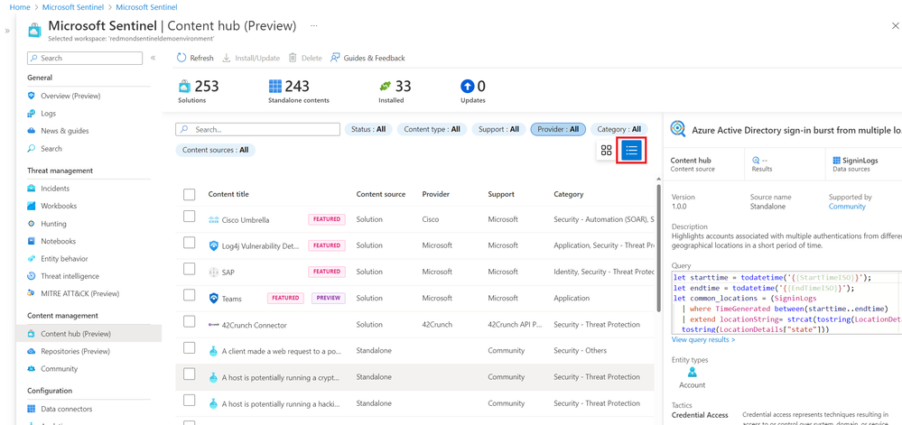 List view of solutions and standalone content