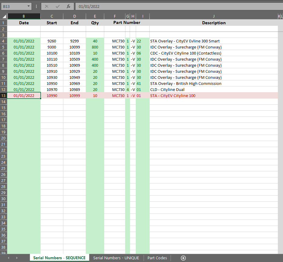 2) I enter another number range in tab 2 which has all or some numbers already in tab 1. The row automatically highlights red to alert of the error.