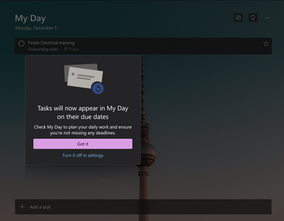 To Do tasks with 'Today's' date now automatically appear on your My Day view.