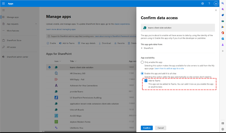From within your tenant's App Center, add SharePoint Framework (SPFx) solution apps more directly to Microsoft Teams.