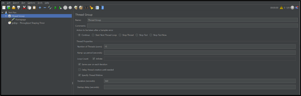 Screenshot of a test plan in JMeter with a thread group