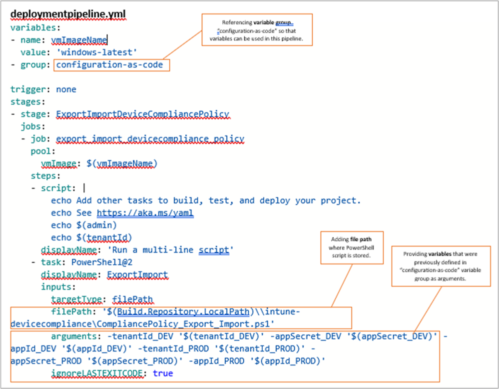 An example deploymentpipeline.yml variable group in Pipeline library.