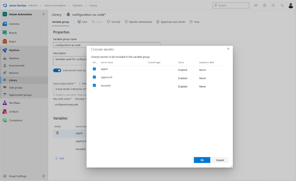 A screenshot of options to include with the variable settings when linking secrets to variables.