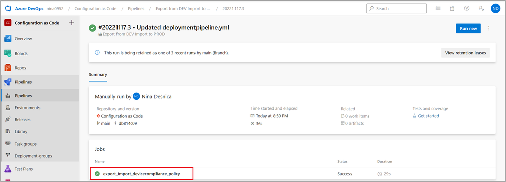 A screenshot of a successful deployment of a pipeline.