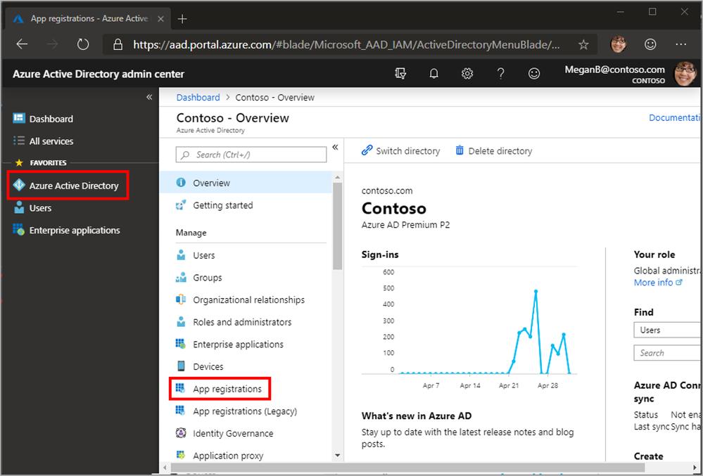 A screenshot of the App registrations pane in the Azure Active Directory admin center.