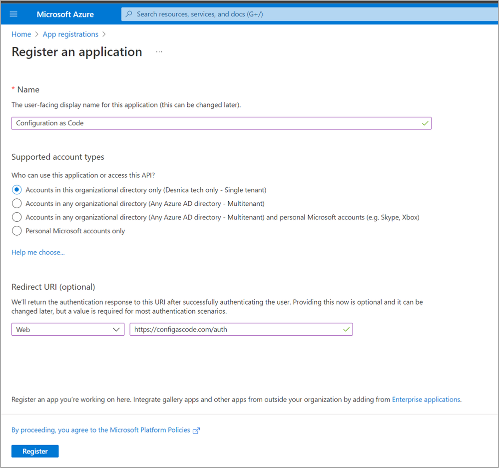 The Register an application pane in Microsoft Azure.