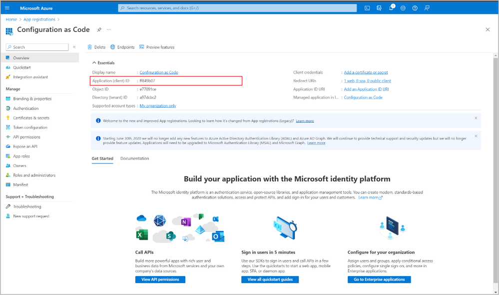 A screenshot the Configuration as Code pane with the Application (Client) ID information highlighted.
