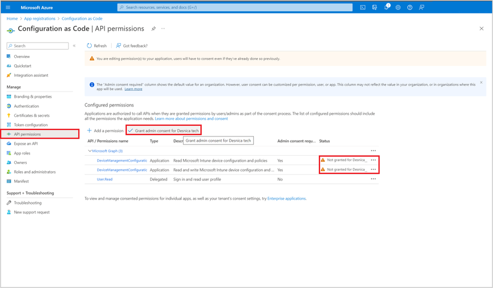 A screenshot of the API permissions settings configured for Configuration as Code.