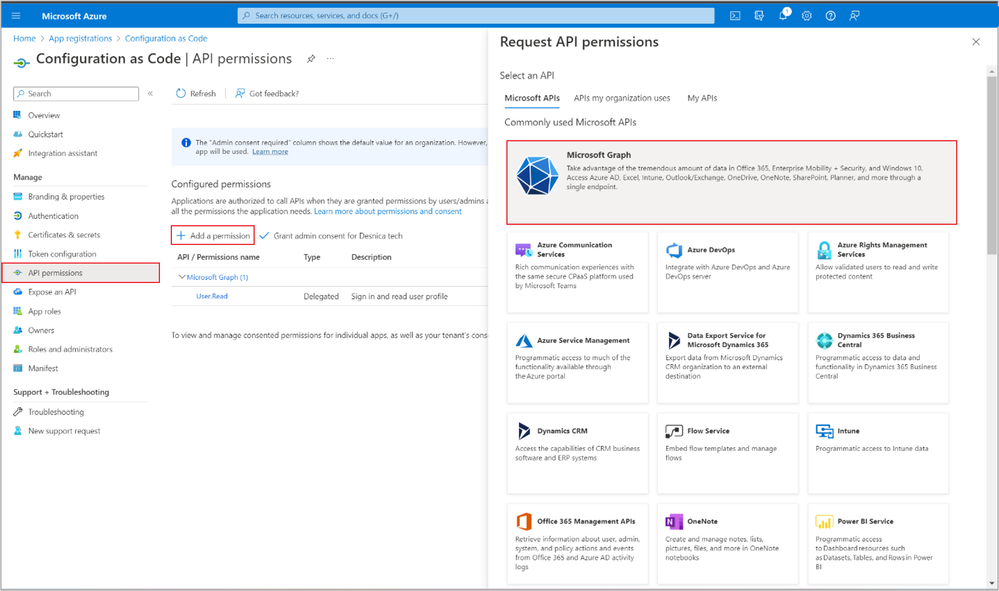 A screenshot of the Request API permissions pane with the Microsoft Graph option highlighted in the Configuration as Code | API permissions pane.