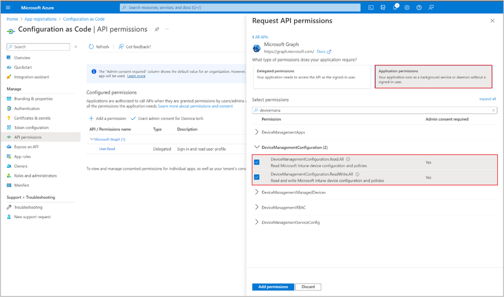 A screenshot of the Request API permissions pane with Application permissions highlighted for the Microsoft Graph setting in the Configuration as Code | API permissions pane.