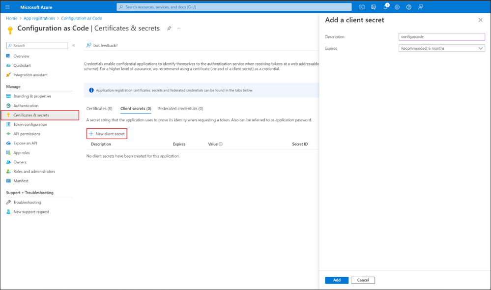 A screenshot of the Add a client secret pane in Configuration as Code | Certificates and secrets pane.