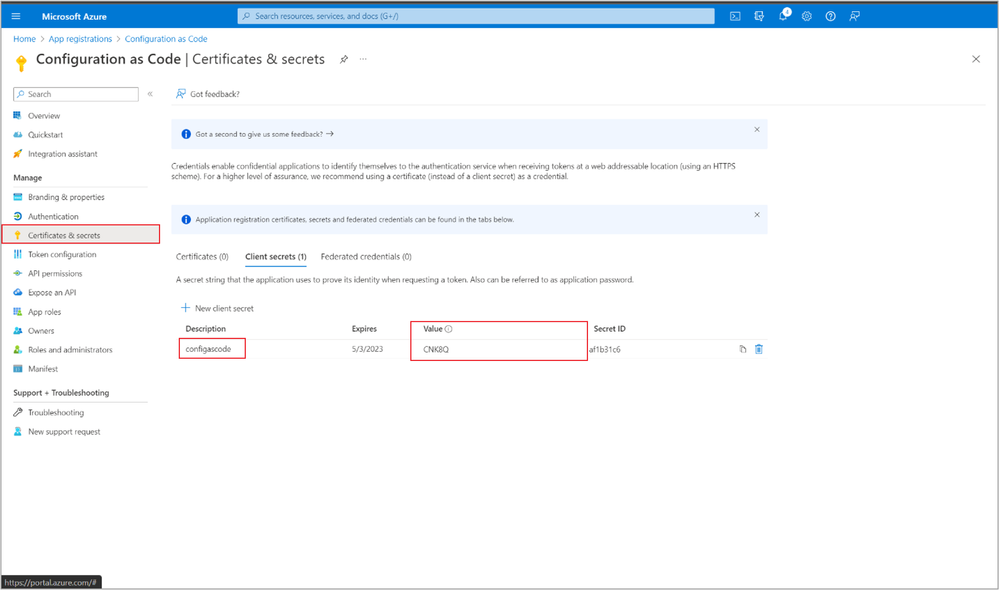 A screenshot of the Certificates and secrets Description and Value settings highlighted in the Configuration as Code | Certificates and secrets pane.