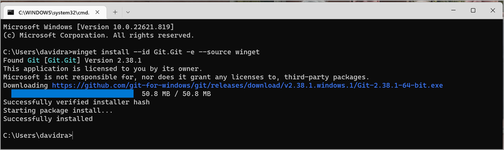 A screenshot of a command window with a completed winget command.