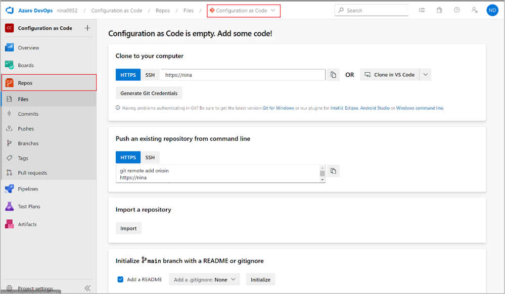 A screenshot of the Configuration as Code pane in Azure DevOps.