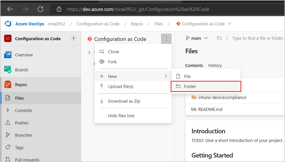 A screenshot of creating a new folder in the Configuration as Code pane.