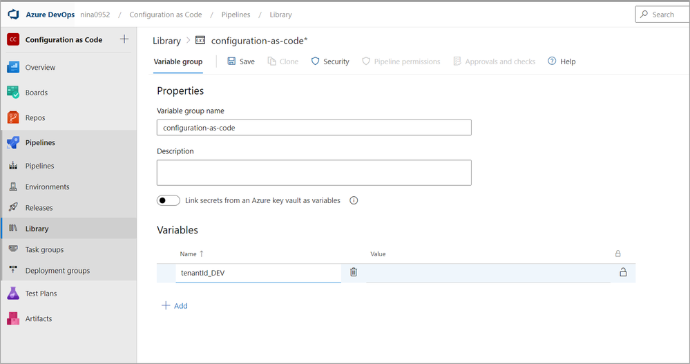 A screenshot of the Configuration as Code variables in the Library.
