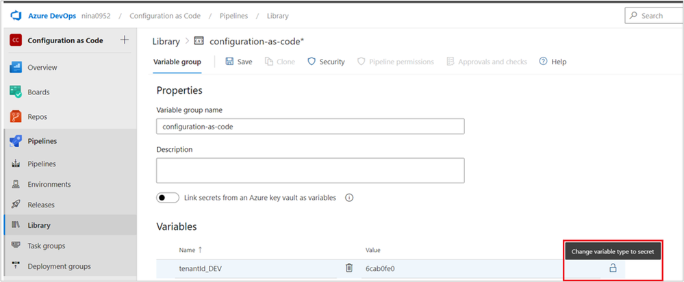 A screenshot of changing the string to secret in the Configuration as Code properties.